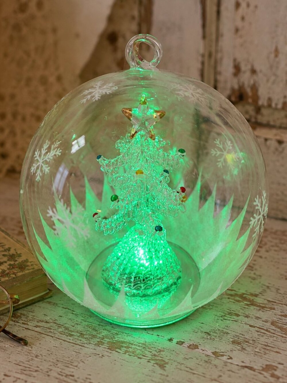 2015 LED Glass Christmas Tree Globe Ornament Snowflake Light Up 6” w/ Box